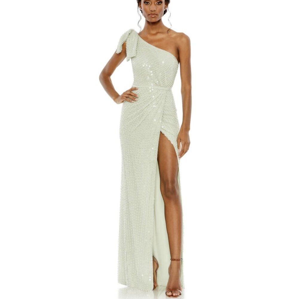 Mac Duggal One-Shoulder Sequin Maxi Dress in Light Green